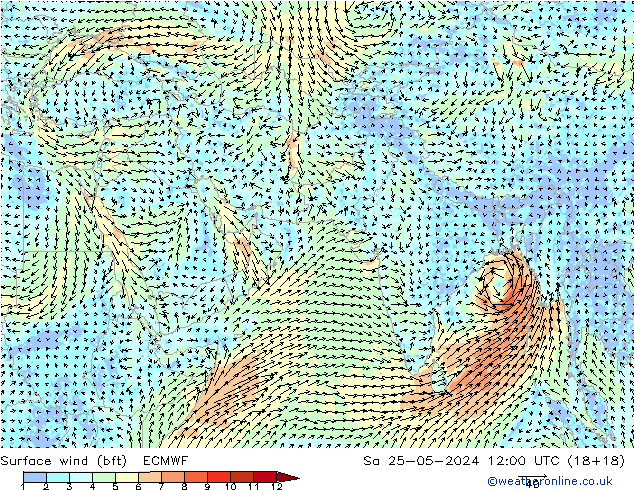 Vent 10 m (bft) ECMWF sam 25.05.2024 12 UTC