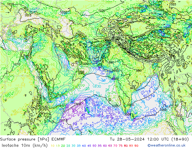 Isotachen (km/h) ECMWF di 28.05.2024 12 UTC