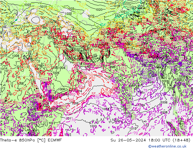 Theta-e 850hPa ECMWF zo 26.05.2024 18 UTC