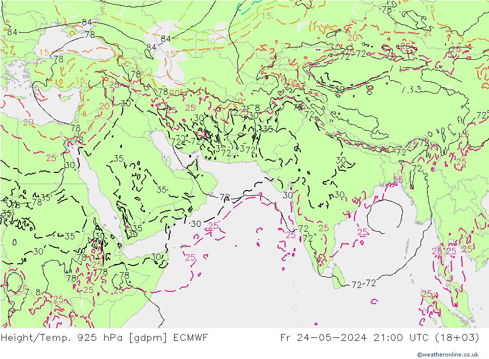 Height/Temp. 925 hPa ECMWF Fr 24.05.2024 21 UTC