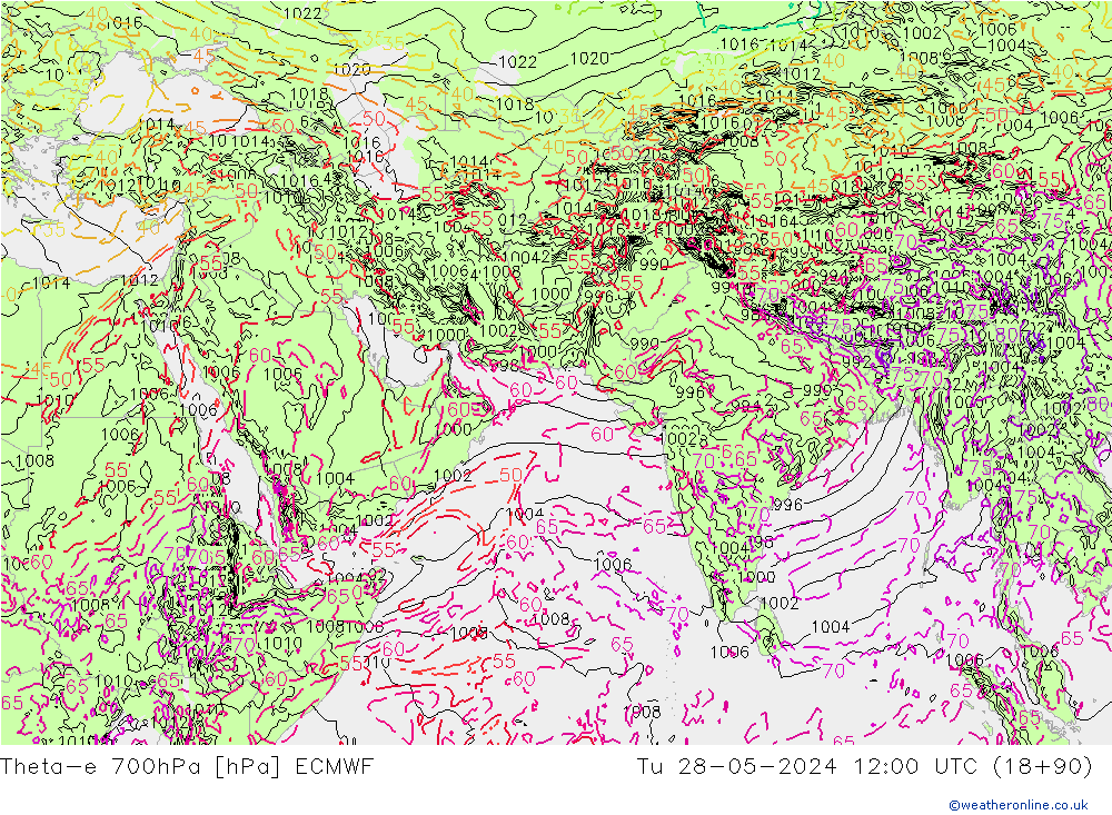 Theta-e 700hPa ECMWF 星期二 28.05.2024 12 UTC