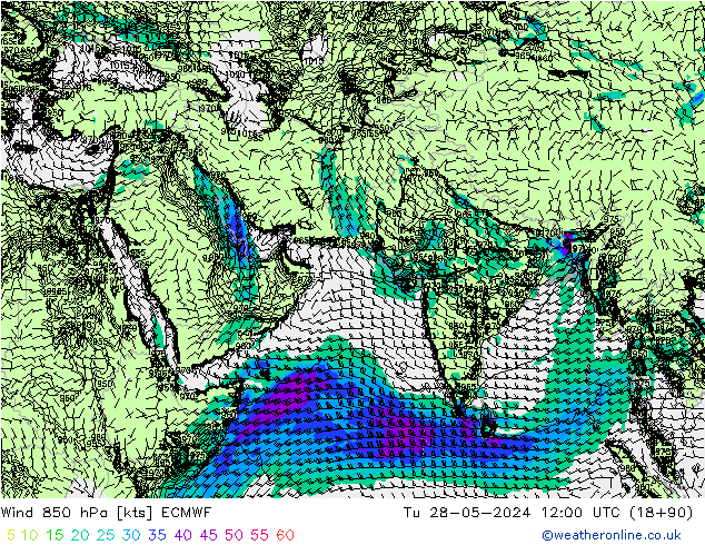 Wind 850 hPa ECMWF Tu 28.05.2024 12 UTC