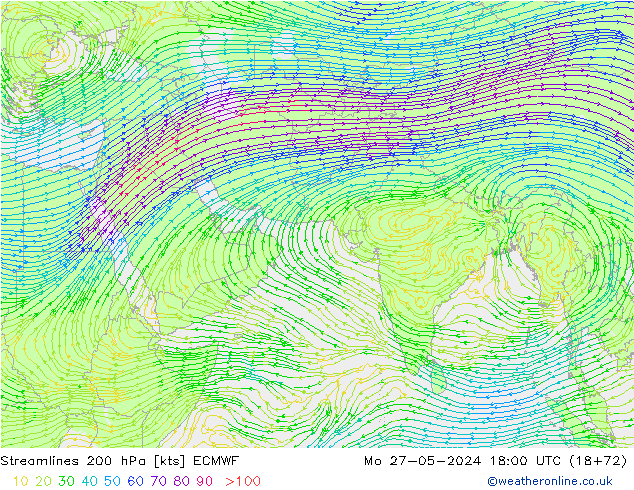 Linha de corrente 200 hPa ECMWF Seg 27.05.2024 18 UTC