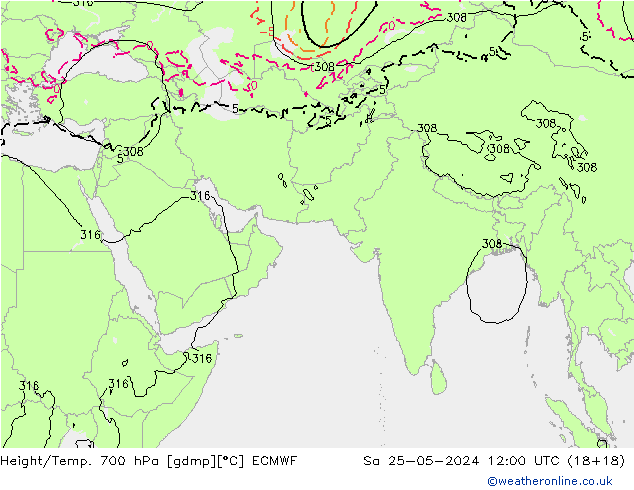 Géop./Temp. 700 hPa ECMWF sam 25.05.2024 12 UTC