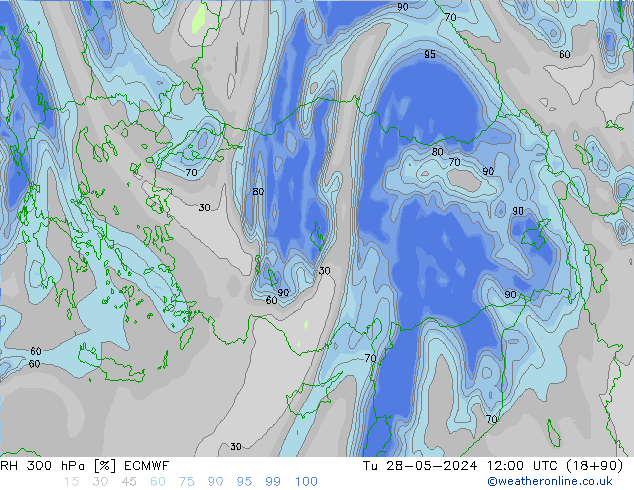 Humedad rel. 300hPa ECMWF mar 28.05.2024 12 UTC