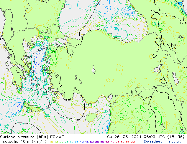 Isotaca (kph) ECMWF dom 26.05.2024 06 UTC