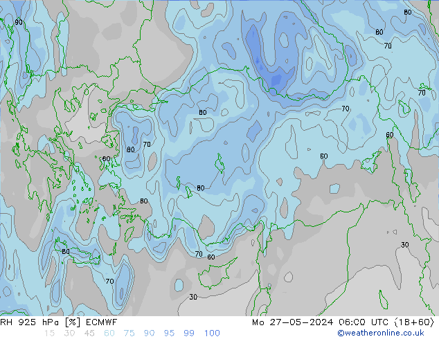 Humidité rel. 925 hPa ECMWF lun 27.05.2024 06 UTC