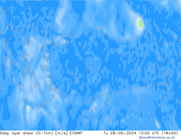 Deep layer shear (0-1km) ECMWF Tu 28.05.2024 12 UTC