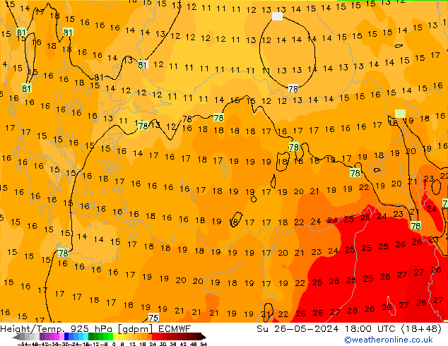 Height/Temp. 925 гПа ECMWF Вс 26.05.2024 18 UTC