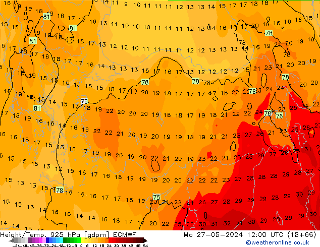 Height/Temp. 925 hPa ECMWF pon. 27.05.2024 12 UTC