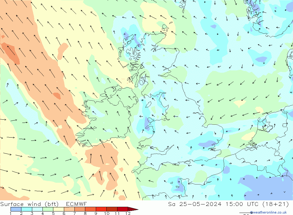 Vento 10 m (bft) ECMWF Sáb 25.05.2024 15 UTC