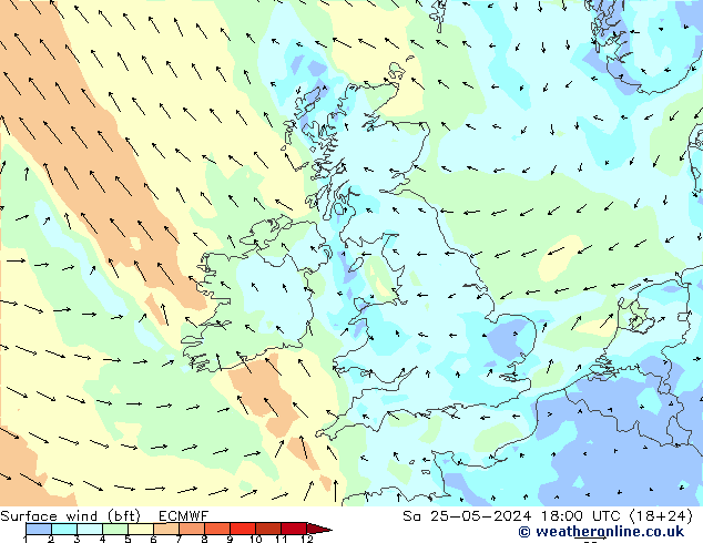 wiatr 10 m (bft) ECMWF so. 25.05.2024 18 UTC