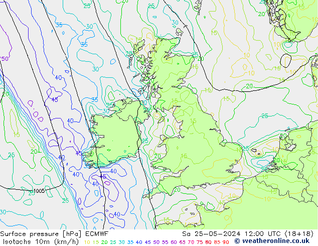 Isotachen (km/h) ECMWF za 25.05.2024 12 UTC