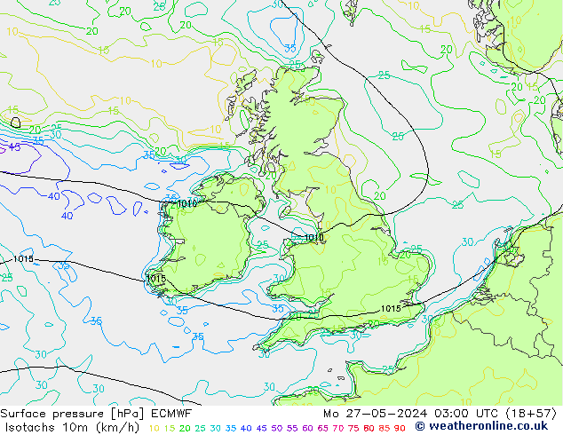 Isotachs (kph) ECMWF Po 27.05.2024 03 UTC