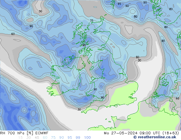 Humedad rel. 700hPa ECMWF lun 27.05.2024 09 UTC