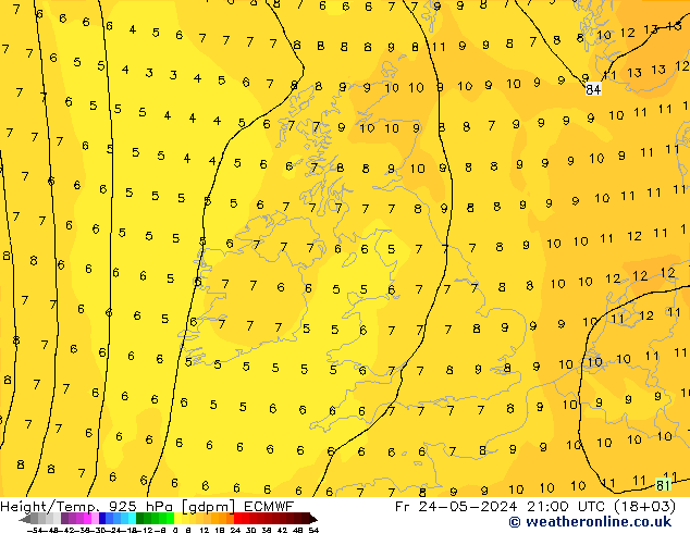 Height/Temp. 925 hPa ECMWF Fr 24.05.2024 21 UTC