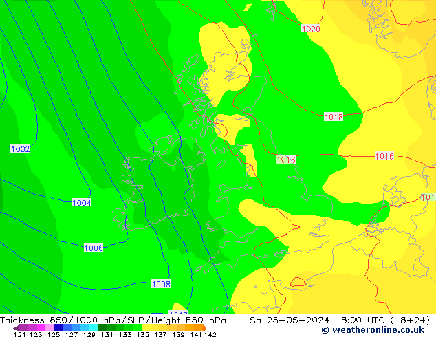 Espesor 850-1000 hPa ECMWF sáb 25.05.2024 18 UTC