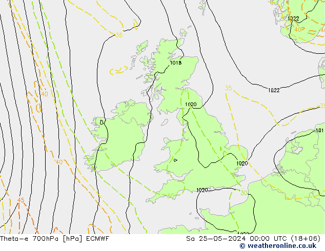 Theta-e 700hPa ECMWF Sa 25.05.2024 00 UTC