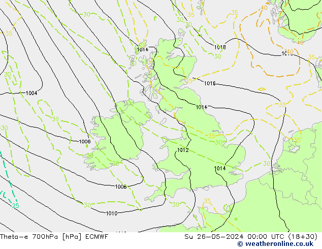 Theta-e 700hPa ECMWF Su 26.05.2024 00 UTC