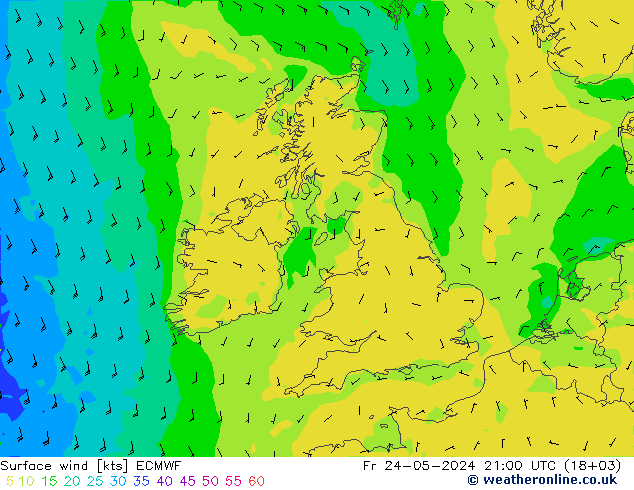 wiatr 10 m ECMWF pt. 24.05.2024 21 UTC