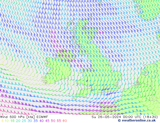 Wind 500 hPa ECMWF Su 26.05.2024 00 UTC
