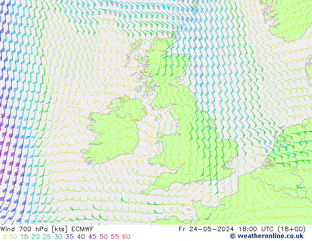 Wind 700 hPa ECMWF Fr 24.05.2024 18 UTC