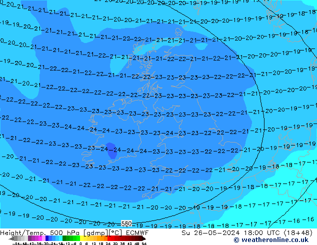 Hoogte/Temp. 500 hPa ECMWF zo 26.05.2024 18 UTC