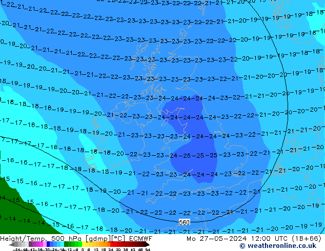 Z500/Rain (+SLP)/Z850 ECMWF Mo 27.05.2024 12 UTC