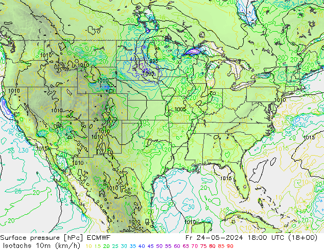 Isotachs (kph) ECMWF Fr 24.05.2024 18 UTC