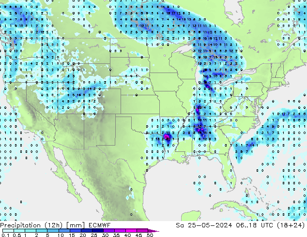 Precipitation (12h) ECMWF Sa 25.05.2024 18 UTC