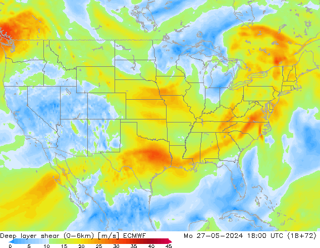 Deep layer shear (0-6km) ECMWF Pzt 27.05.2024 18 UTC