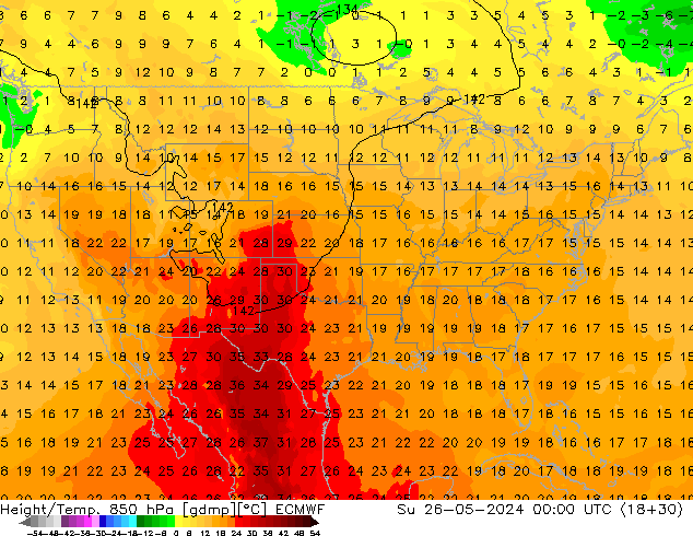 Z500/Rain (+SLP)/Z850 ECMWF nie. 26.05.2024 00 UTC