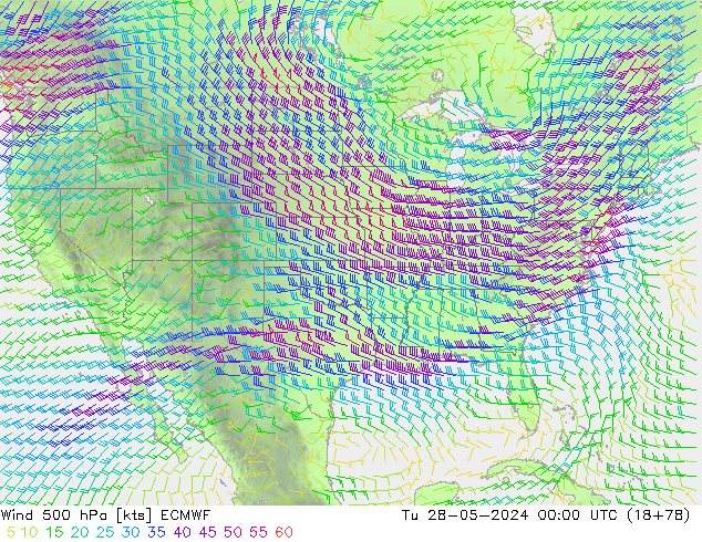 Wind 500 hPa ECMWF Út 28.05.2024 00 UTC