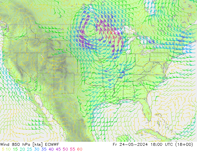 Wind 850 hPa ECMWF Fr 24.05.2024 18 UTC