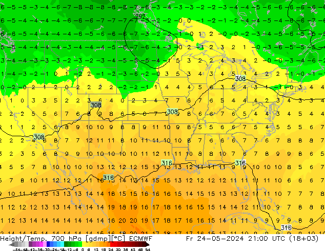 Height/Temp. 700 hPa ECMWF Sex 24.05.2024 21 UTC