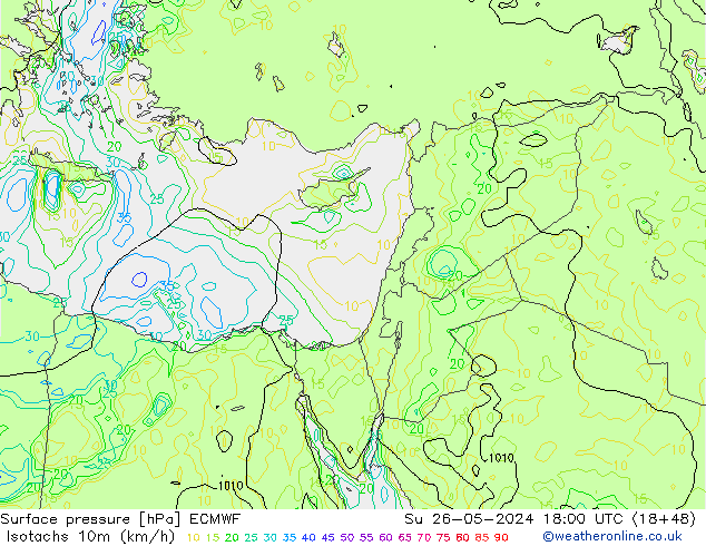 Isotachen (km/h) ECMWF zo 26.05.2024 18 UTC