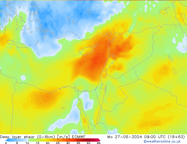 Deep layer shear (0-6km) ECMWF lun 27.05.2024 09 UTC