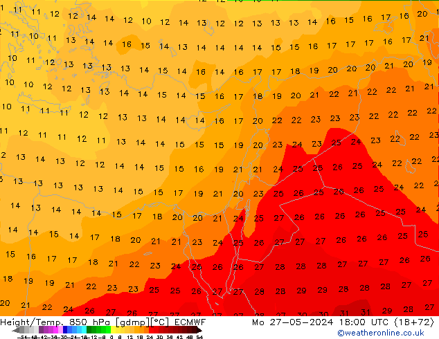 Height/Temp. 850 hPa ECMWF Mo 27.05.2024 18 UTC