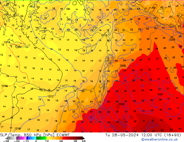 SLP/Temp. 850 hPa ECMWF  28.05.2024 12 UTC