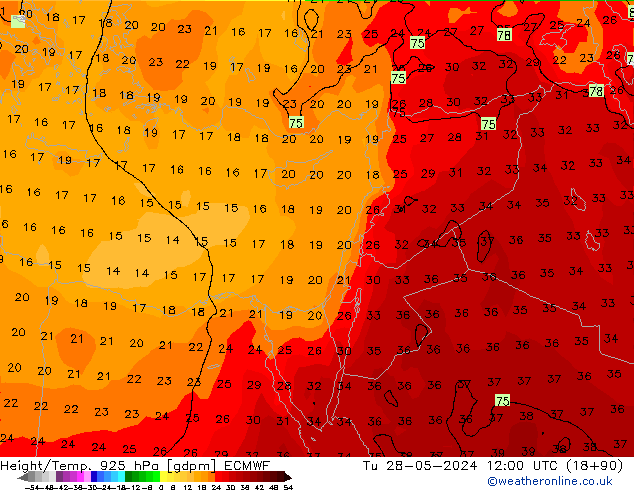 Height/Temp. 925 hPa ECMWF wto. 28.05.2024 12 UTC