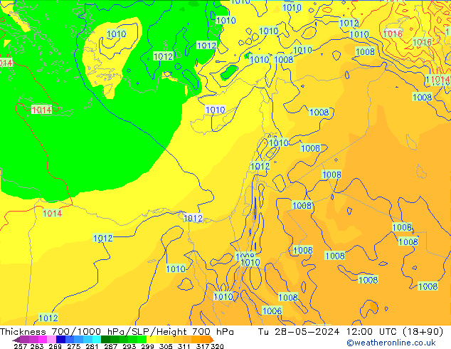 Dikte700-1000 hPa ECMWF di 28.05.2024 12 UTC