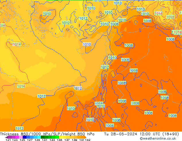 Thck 850-1000 hPa ECMWF wto. 28.05.2024 12 UTC