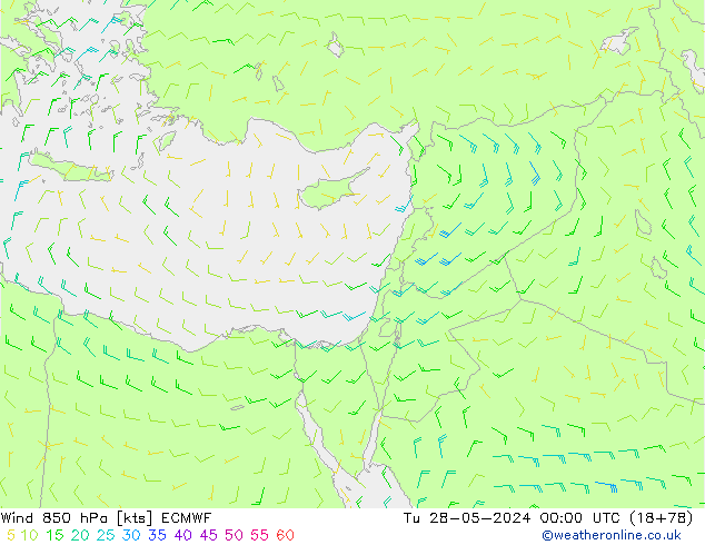 Wind 850 hPa ECMWF Út 28.05.2024 00 UTC