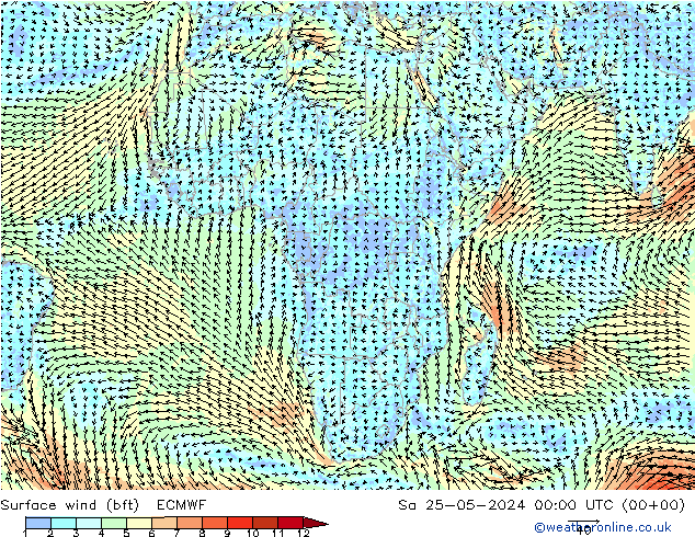 Viento 10 m (bft) ECMWF sáb 25.05.2024 00 UTC