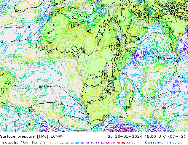 Isotachs (kph) ECMWF Dom 26.05.2024 18 UTC