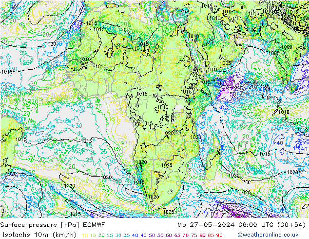 Isotachen (km/h) ECMWF ma 27.05.2024 06 UTC