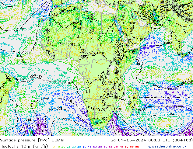 Isotachs (kph) ECMWF сб 01.06.2024 00 UTC