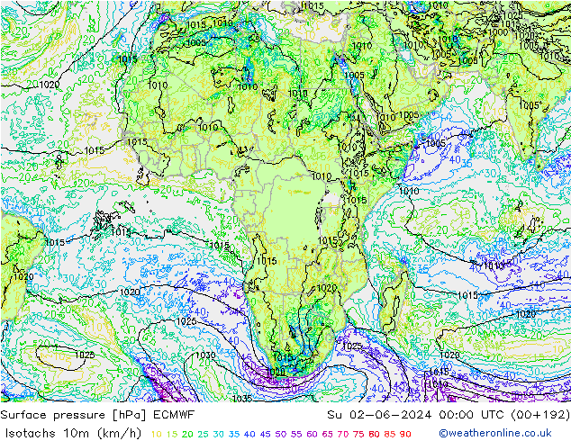 Isotachs (kph) ECMWF Su 02.06.2024 00 UTC