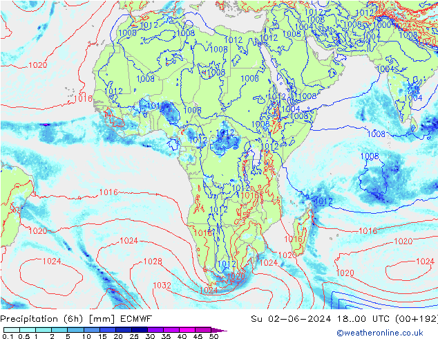 Precipitation (6h) ECMWF Su 02.06.2024 00 UTC