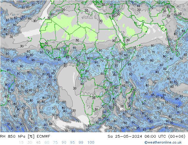 Humidité rel. 850 hPa ECMWF sam 25.05.2024 06 UTC